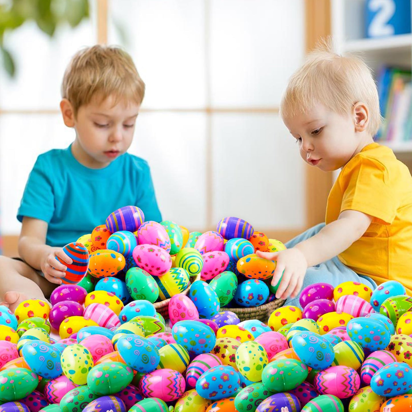 Tsarasi Premium Plastic Easter EggShell-50pcs Vibrant Solid Colors & Printed colorful Fillable Eggs,Ideal for Gift Surprises,Celebration Giveaways,School Rewards & Festive EggHunts