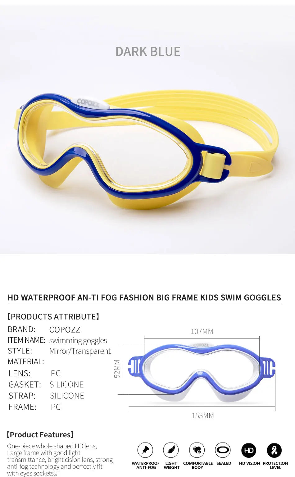 Kids Swim Goggles Anti Fog Waterproof Children Teenagers Big Frame Swimming Eyewear Boy Girl One-piece Swim Glasses