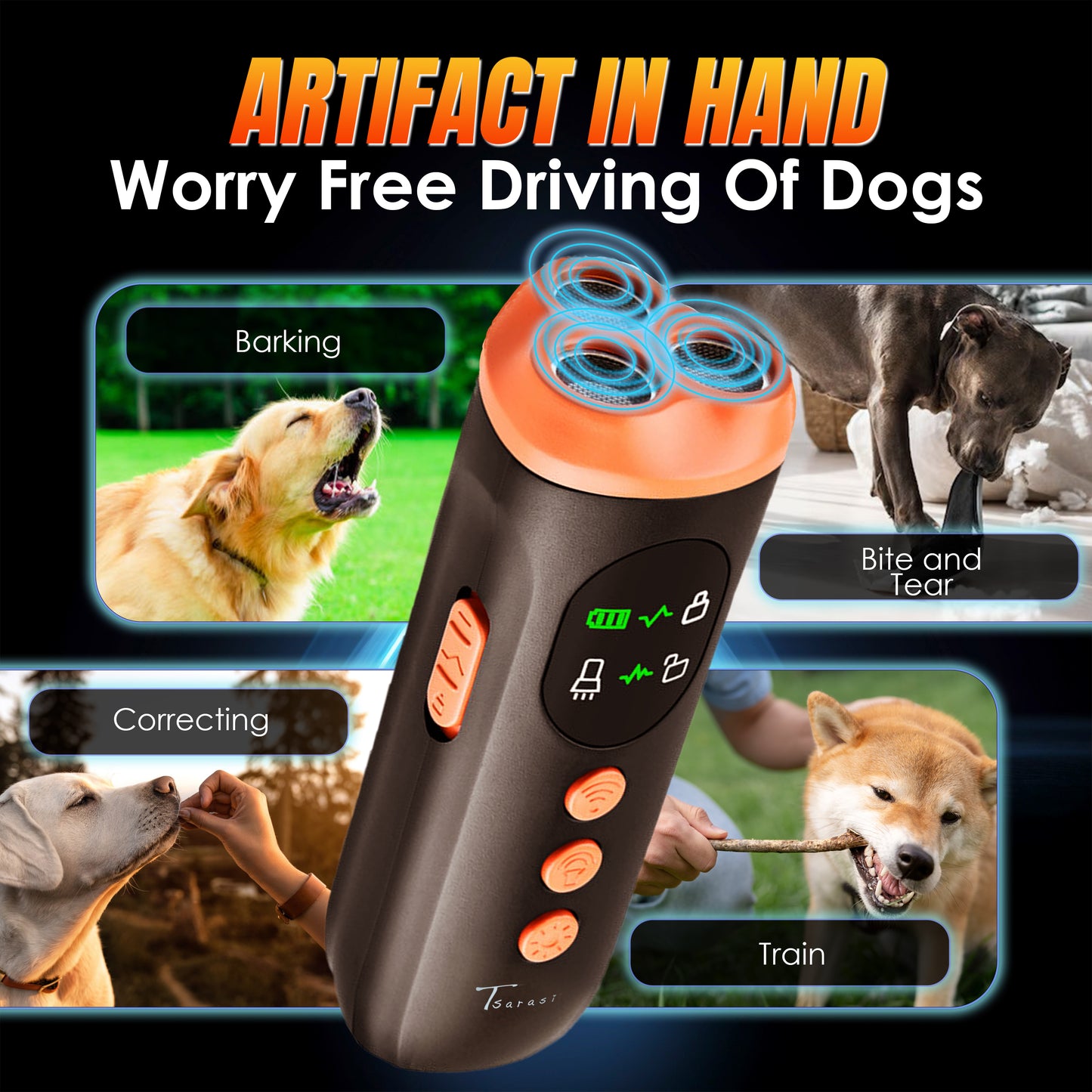 Tsarasi Stop Dog Barking with Ultrasonic Deterrent Safe, Humane, Rechargeable Bark Control Device for Indoor & Outdoor Behavior Correction, Compact & Easy to Use