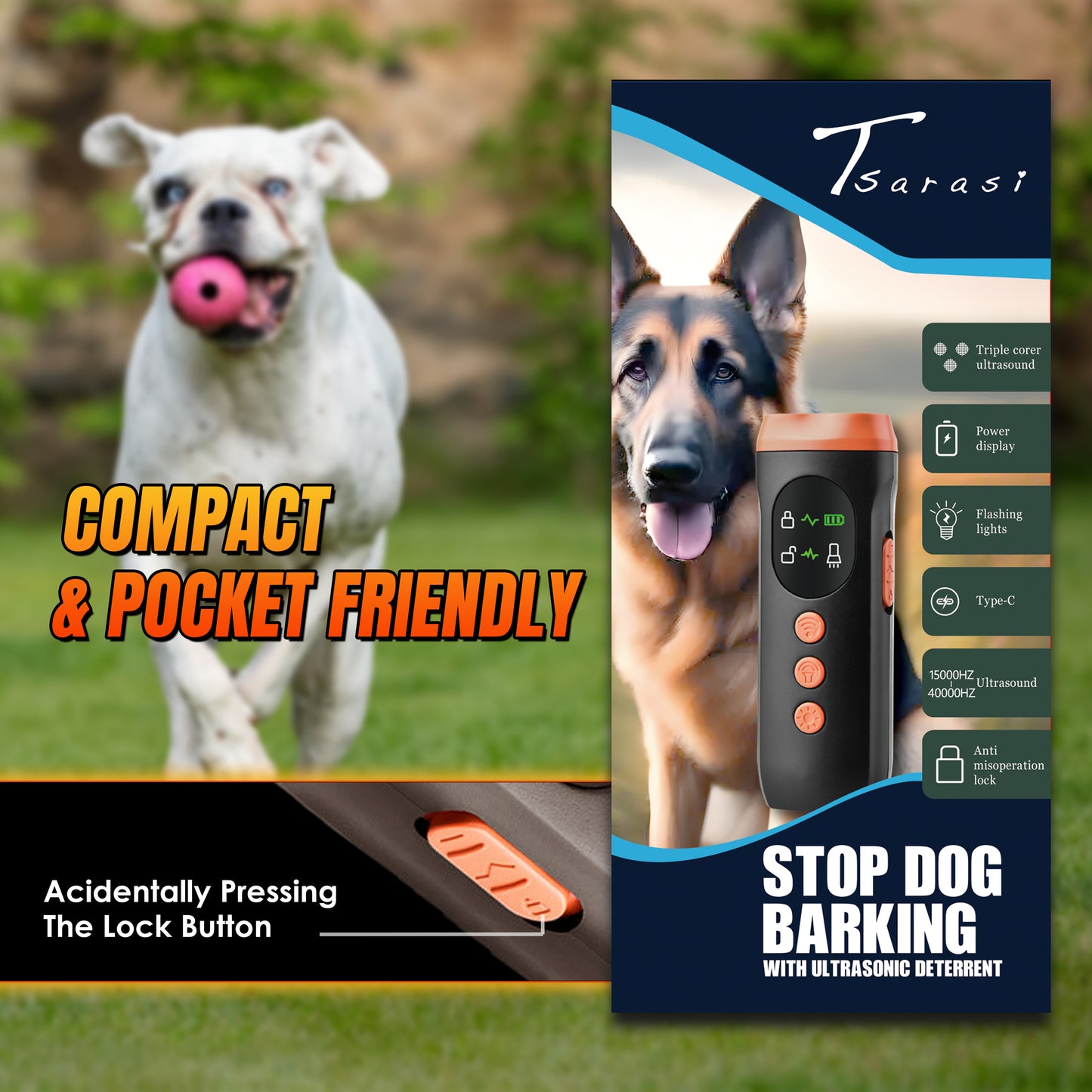 Tsarasi Stop Dog Barking with Ultrasonic Deterrent Safe, Humane, Rechargeable Bark Control Device for Indoor & Outdoor Behavior Correction, Compact & Easy to Use