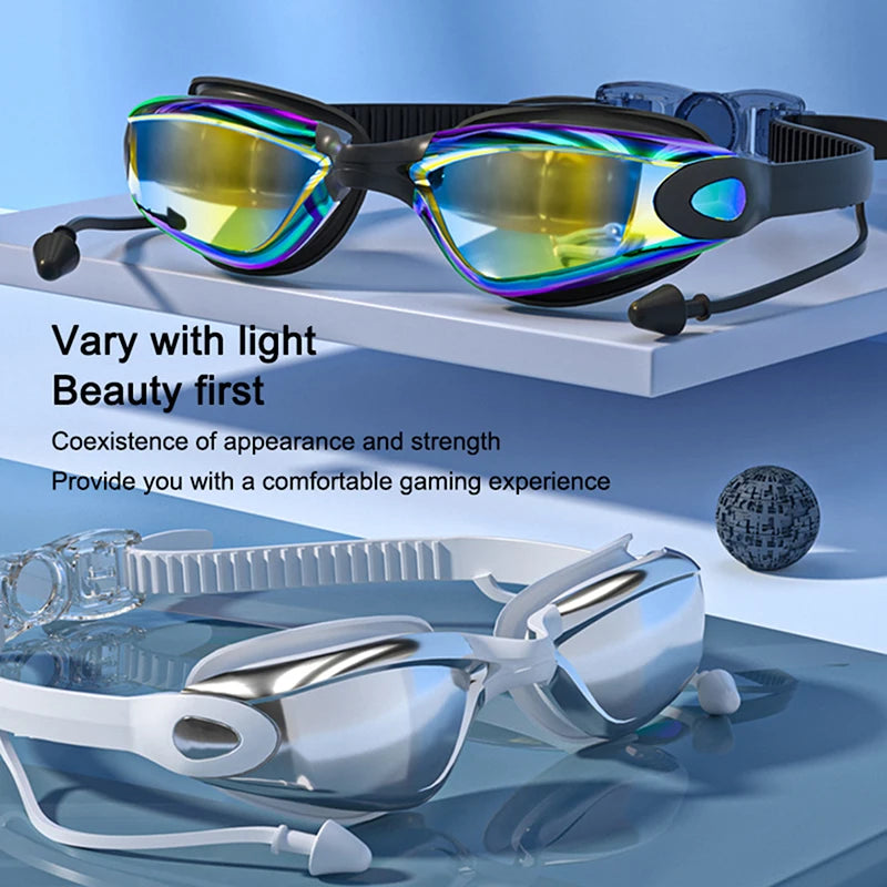 Swimming Goggles HD Anti-Fog UV Silicone Adjustable Glasses Adult Goggles Swimming Ear Plugs Professional Waterproof Glasse 18cm