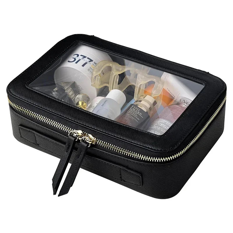Dry and Wet Separation Portable Leather Toilet Bag Portable Large-capacity Double-layer Transparent PVC Zipper Cosmetic Bag