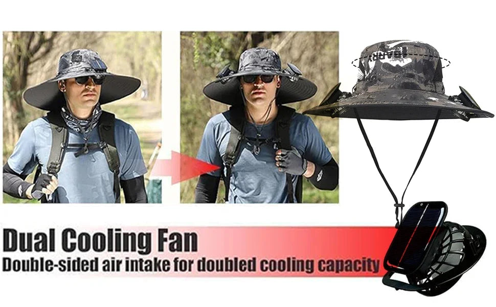 Adjustable Wide Brim Solar Fan Hat for Men And Women UPF 50+ Sun Protection Dual Power USB/ Solar Outdoor Beach Fishing Cap
