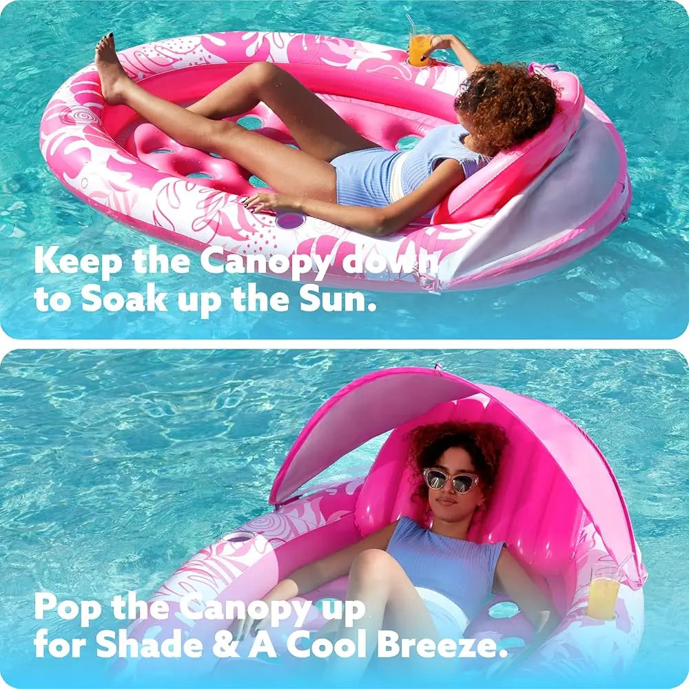 Pool Floats With Canopy - Xl Oval Pool Raft Inflatable Float For Adults With Adjustable Sun Shade Cover, Swimming Pool Tanning