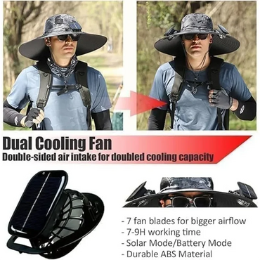Adjustable Wide Brim Solar Fan Hat for Men And Women UPF 50+ Sun Protection Dual Power USB/ Solar Outdoor Beach Fishing Cap