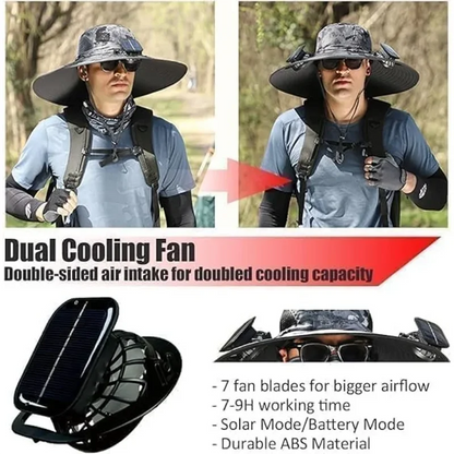 Adjustable Wide Brim Solar Fan Hat for Men And Women UPF 50+ Sun Protection Dual Power USB/ Solar Outdoor Beach Fishing Cap