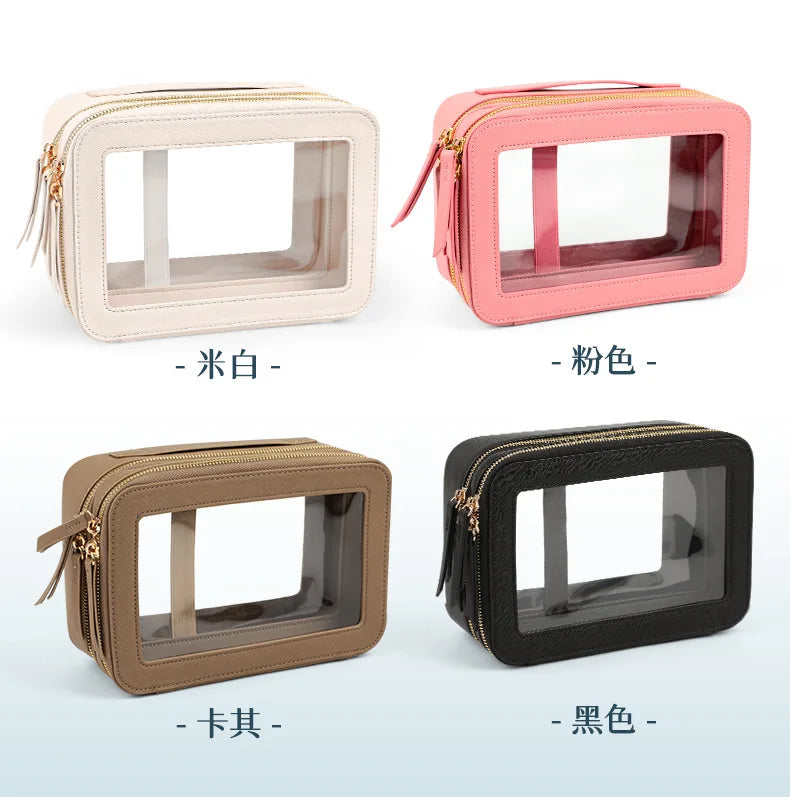 Clear Makeup Bag Portable Travel Cosmetic Bags Multipurpose Leather Toiletry Bag with Zipper Waterproof Transparent Cosmetic