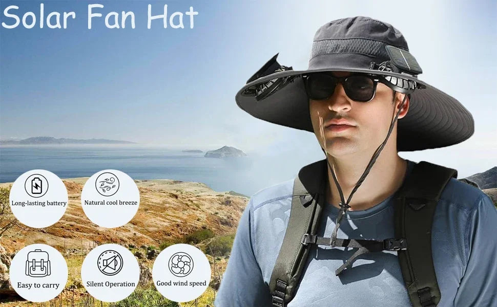 Adjustable Wide Brim Solar Fan Hat for Men And Women UPF 50+ Sun Protection Dual Power USB/ Solar Outdoor Beach Fishing Cap