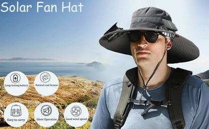 Adjustable Wide Brim Solar Fan Hat for Men And Women UPF 50+ Sun Protection Dual Power USB/ Solar Outdoor Beach Fishing Cap