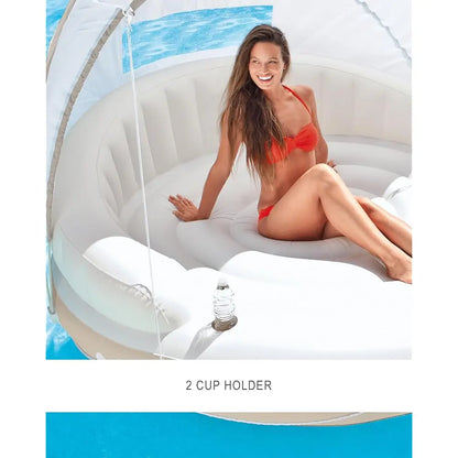 Canopy Island Inflatable Pool Float: Comfortable Lounge Surface – Built-In Cup Holders – Detachable Sunshade – 440Lb 58292Ep