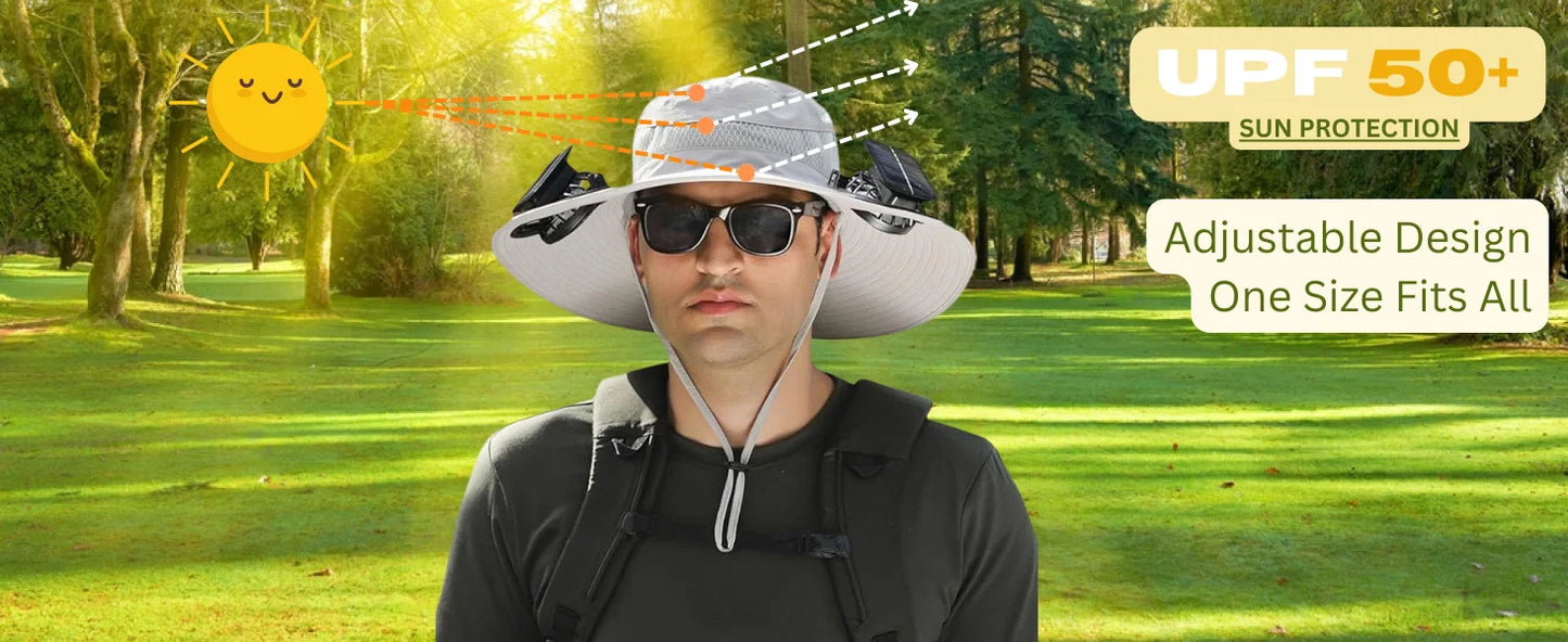 Sun Hat with 2 Solar Fan Fishing Wide Brim Fishing Hat for Outdoor Summer Camping Beach USB & Solar Powered Caps Sun Protection