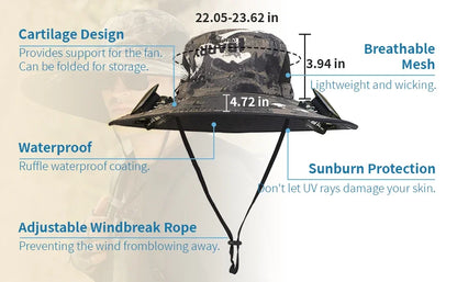Adjustable Wide Brim Solar Fan Hat for Men And Women UPF 50+ Sun Protection Dual Power USB/ Solar Outdoor Beach Fishing Cap