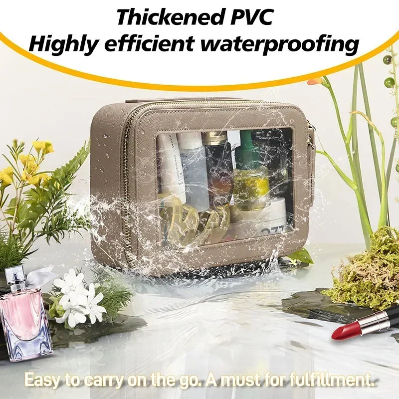Dry and Wet Separation Portable Leather Toilet Bag Portable Large-capacity Double-layer Transparent PVC Zipper Cosmetic Bag