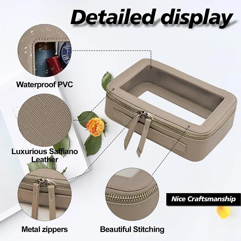 Dry and Wet Separation Portable Leather Toilet Bag Portable Large-capacity Double-layer Transparent PVC Zipper Cosmetic Bag