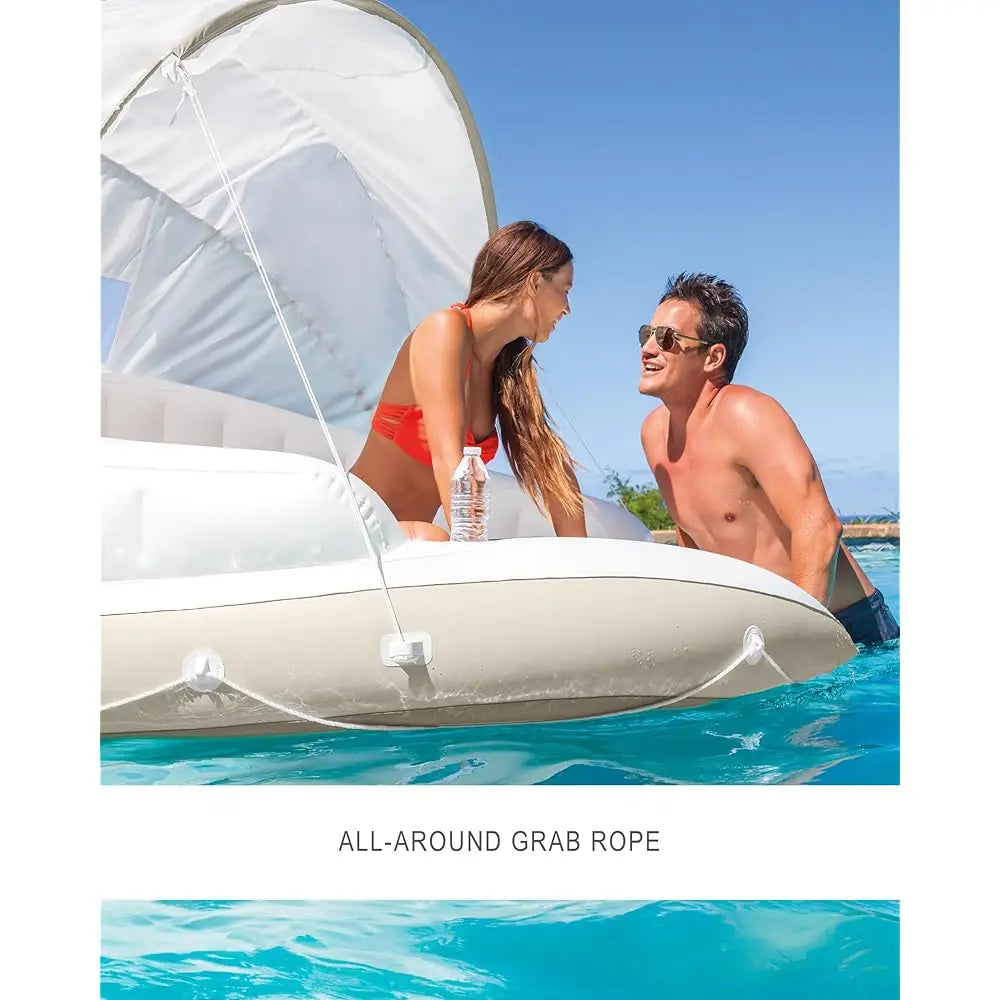 Canopy Island Inflatable Pool Float: Comfortable Lounge Surface – Built-In Cup Holders – Detachable Sunshade – 440Lb 58292Ep