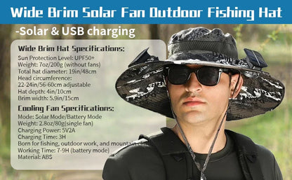 Adjustable Wide Brim Solar Fan Hat for Men And Women UPF 50+ Sun Protection Dual Power USB/ Solar Outdoor Beach Fishing Cap