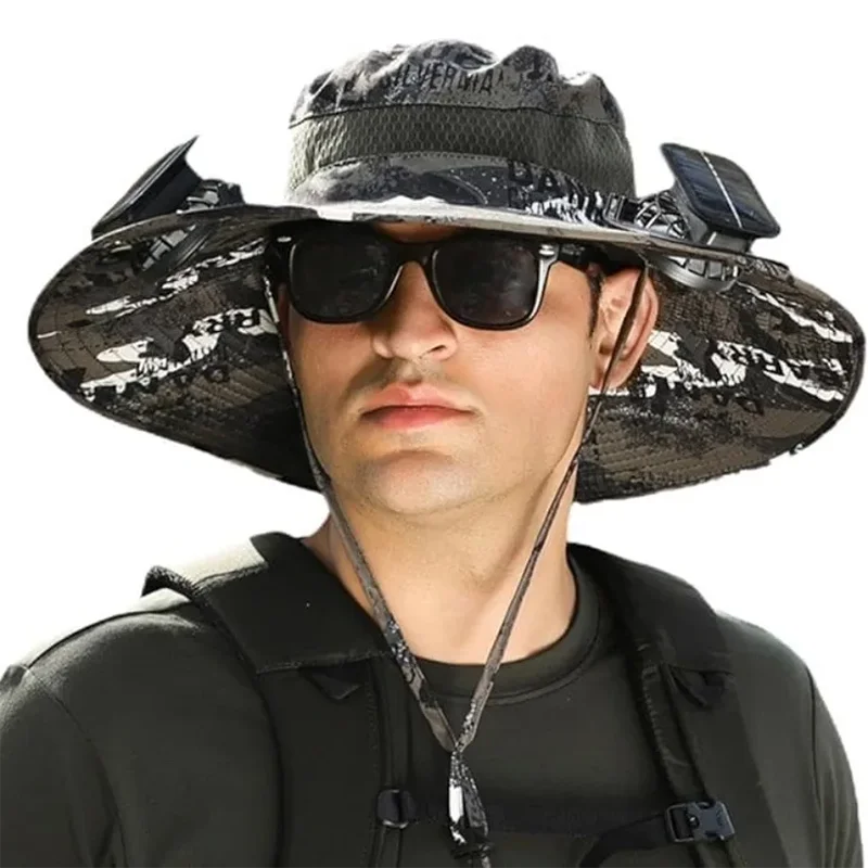 Adjustable Wide Brim Solar Fan Hat for Men And Women UPF 50+ Sun Protection Dual Power USB/ Solar Outdoor Beach Fishing Cap