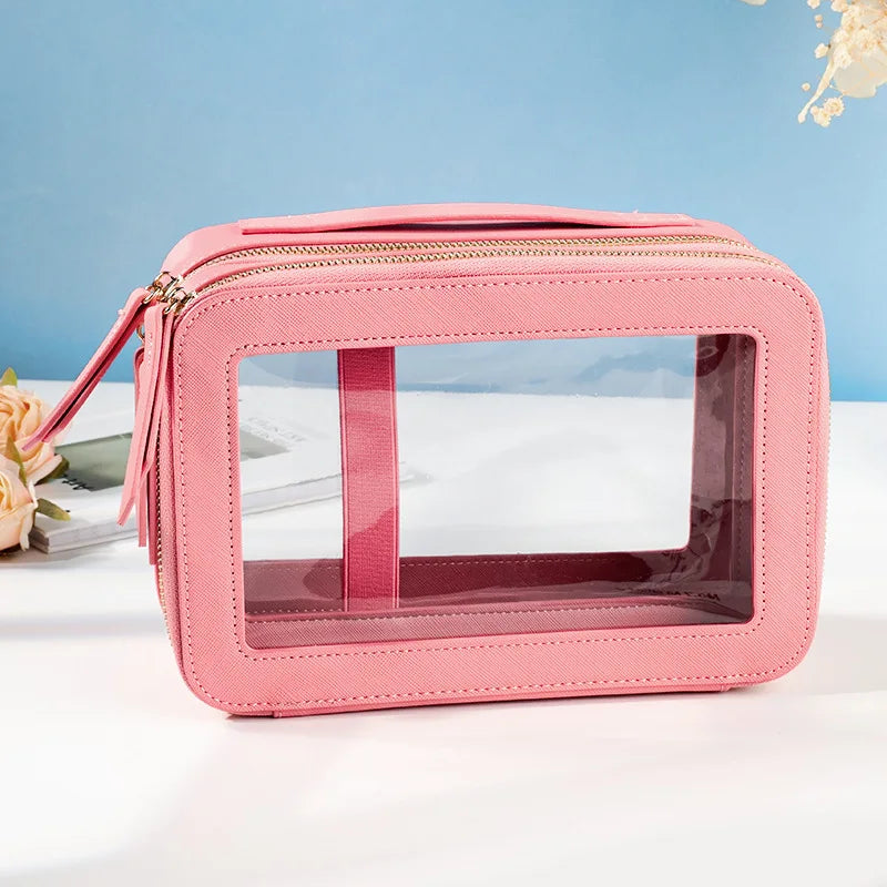 Clear Makeup Bag Portable Travel Cosmetic Bags Multipurpose Leather Toiletry Bag with Zipper Waterproof Transparent Cosmetic