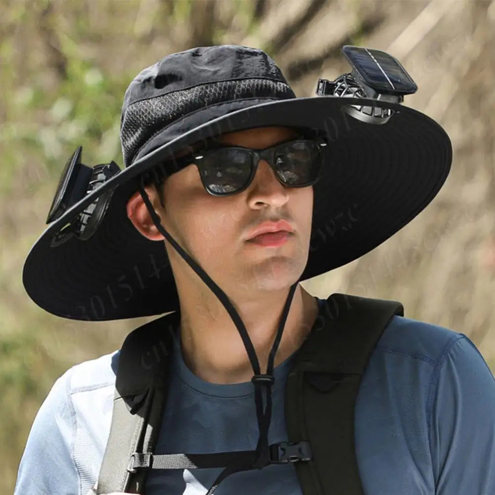 Anti-UV 2 Fans Hat Solar Charging &Air Cooling Fan Sun Hat Wide Brim Bucket Hat For Fisherman 2025 Men Hat Summer Cooler Sun Cap