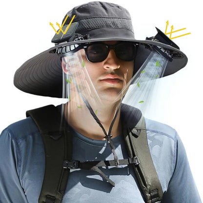 Sun Hat with 2 Solar Fan Fishing Wide Brim Fishing Hat for Outdoor Summer Camping Beach USB & Solar Powered Caps Sun Protection
