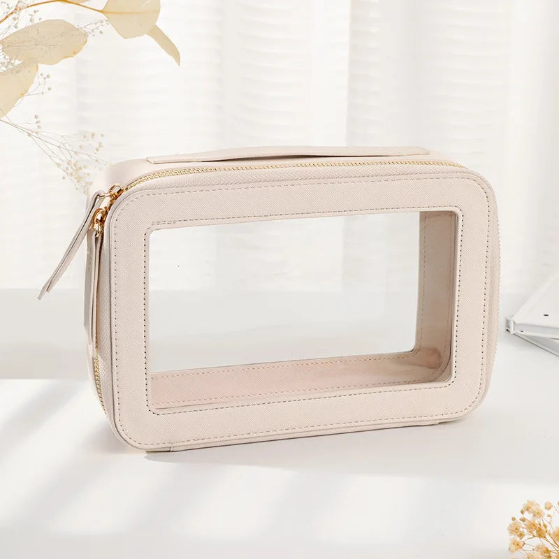 Dry and Wet Separation Portable Leather Toilet Bag Portable Large-capacity Double-layer Transparent PVC Zipper Cosmetic Bag