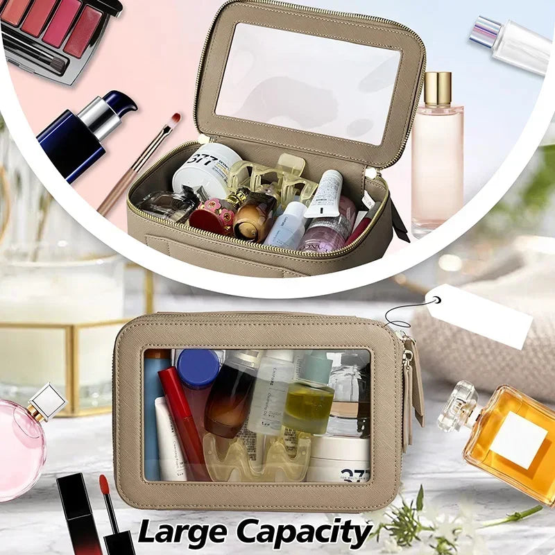 Dry and Wet Separation Portable Leather Toilet Bag Portable Large-capacity Double-layer Transparent PVC Zipper Cosmetic Bag