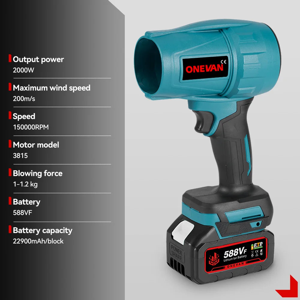ONEVAN 200M/S Brushless Electric Turbo Fan Blowers 2000W Cordless Jet Fan Snow Leaf Dust Air Blowing Tool Fit 18V Battery