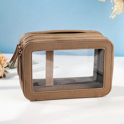 Dry and Wet Separation Portable Leather Toilet Bag Portable Large-capacity Double-layer Transparent PVC Zipper Cosmetic Bag