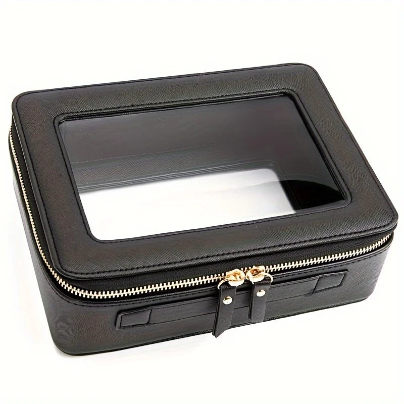 Unisex-Adult Waterproof PU Cosmetic Bag with Clear Window and Double Zippers, Durable Saffiano Leather Travel Toiletry Bag for W