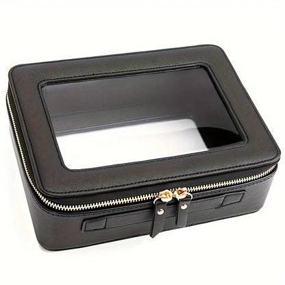 Unisex-Adult Waterproof PU Cosmetic Bag with Clear Window and Double Zippers, Durable Saffiano Leather Travel Toiletry Bag for W