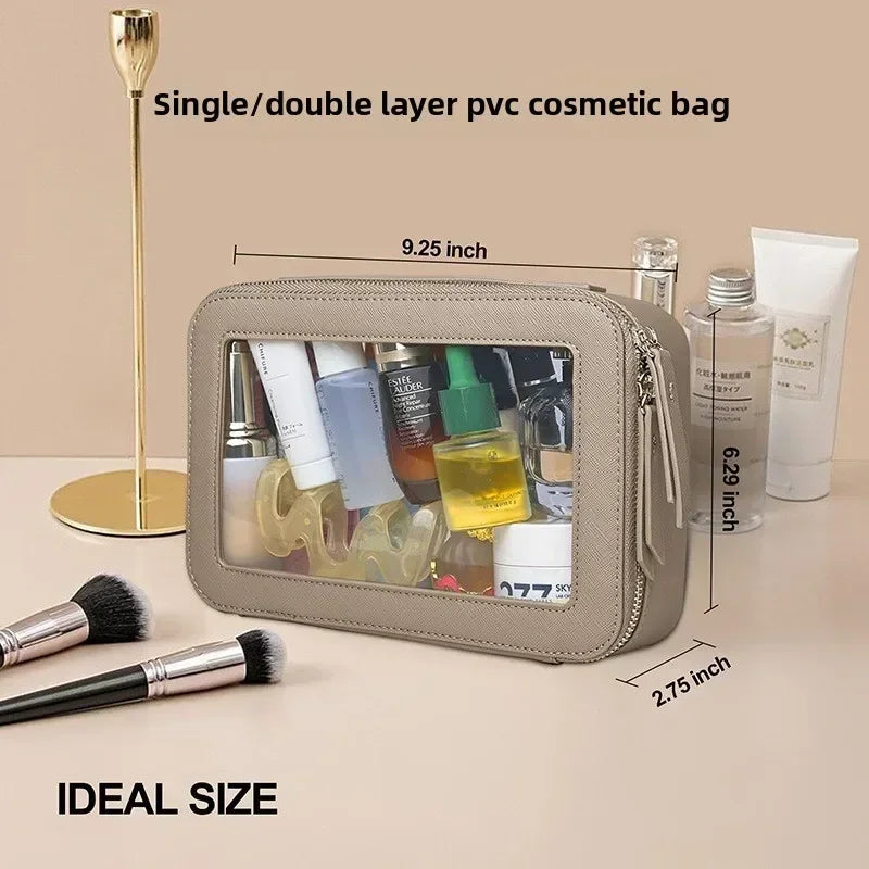 Dry and Wet Separation Portable Leather Toilet Bag Portable Large-capacity Double-layer Transparent PVC Zipper Cosmetic Bag