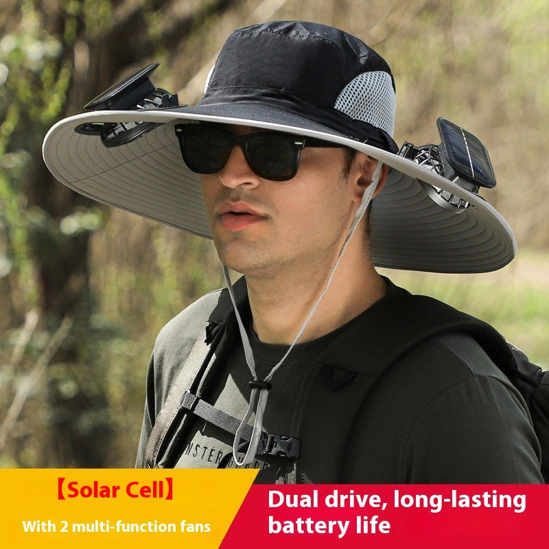 "2025 Dual-Powered Solar Fan Hat – Rechargeable Outdoor Fishing Hat with Twin Fans, UV Sun Protection & Cooling Shade for Hiking, Camping & Work"