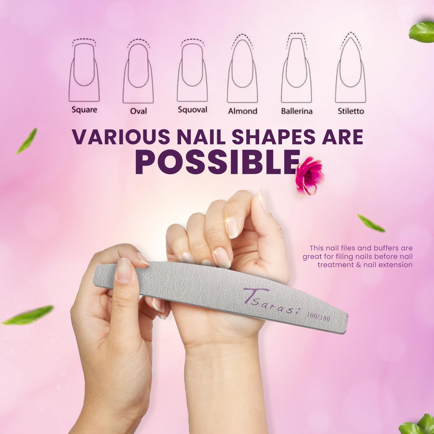 TSARASI 100 Pcs Double-Sided 100/180 Grit Emery Boards Nails Buffing File for Acrylic Nails & Professional use for Home and Salon