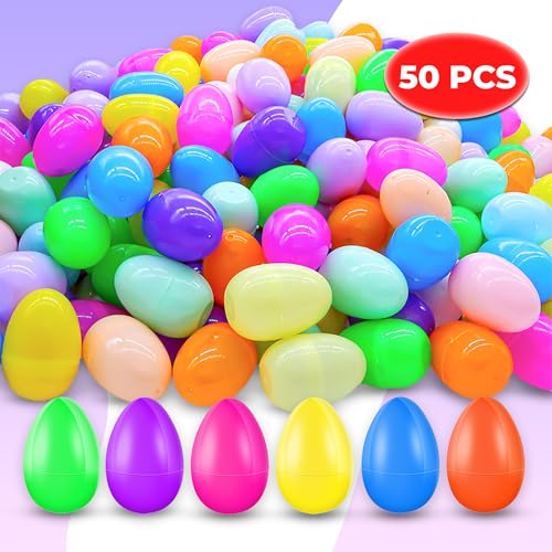 Tsarasi Premium Plastic Easter EggShell-50pcs Vibrant Solid Colors & Printed colorful Fillable Eggs,Ideal for Gift Surprises,Celebration Giveaways,School Rewards & Festive EggHunts