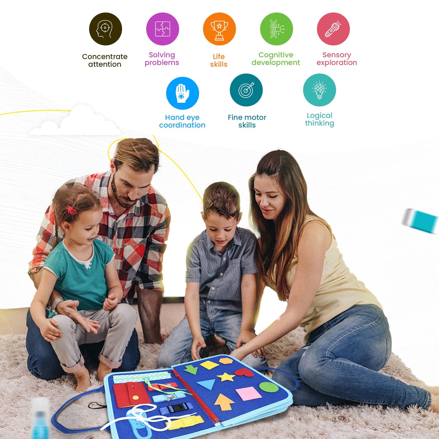 Tsarasi Montessori Busy Board for Toddlers, Sensory Creative Activity Toy for Fine Motor Skills Development, Educational Travel Companion for Boys & Girls, Rainbow Safari.