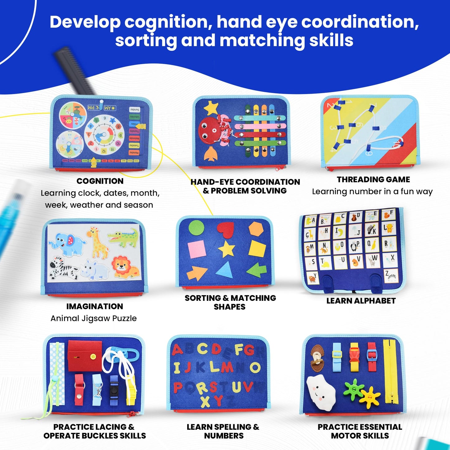 Tsarasi Montessori Busy Board for Toddlers, Sensory Creative Activity Toy for Fine Motor Skills Development, Educational Travel Companion for Boys & Girls, Rainbow Safari.
