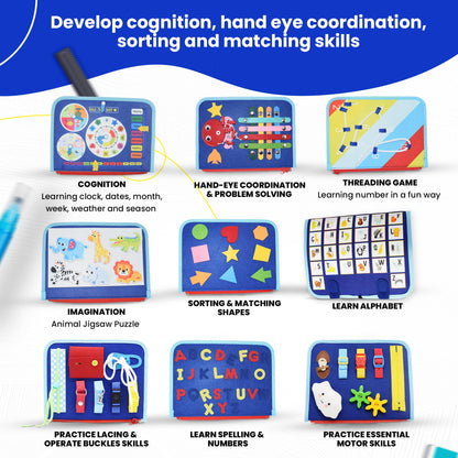 Tsarasi Montessori Busy Board for Toddlers, Sensory Creative Activity Toy for Fine Motor Skills Development, Educational Travel Companion for Boys & Girls, Rainbow Safari.