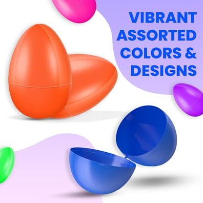 Tsarasi Premium Plastic Easter EggShell-50pcs Vibrant Solid Colors & Printed colorful Fillable Eggs,Ideal for Gift Surprises,Celebration Giveaways,School Rewards & Festive EggHunts