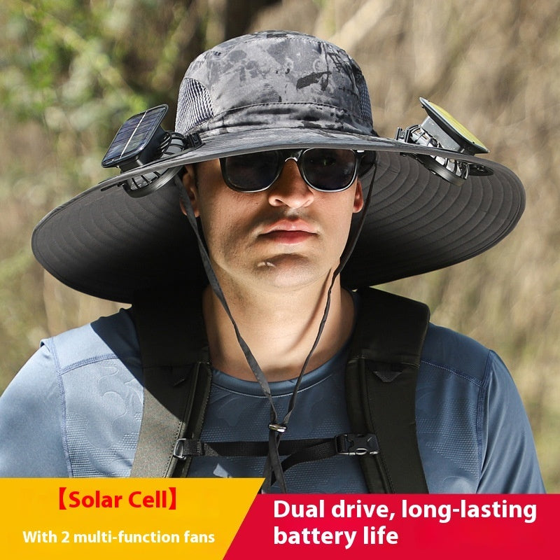 "2025 Dual-Powered Solar Fan Hat – Rechargeable Outdoor Fishing Hat with Twin Fans, UV Sun Protection & Cooling Shade for Hiking, Camping & Work"