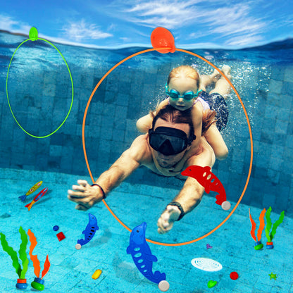 Tsarasi 27 PCS Ultimate Pool Diving Toy Set–Includes Seaweeds, Torpedoes, Pump, Dolphins, Dive Gems, Animal Toys, Swim Thru Rings & Balloons–Fun Underwater Swimming Pool Game for Kids, Teens & Adults